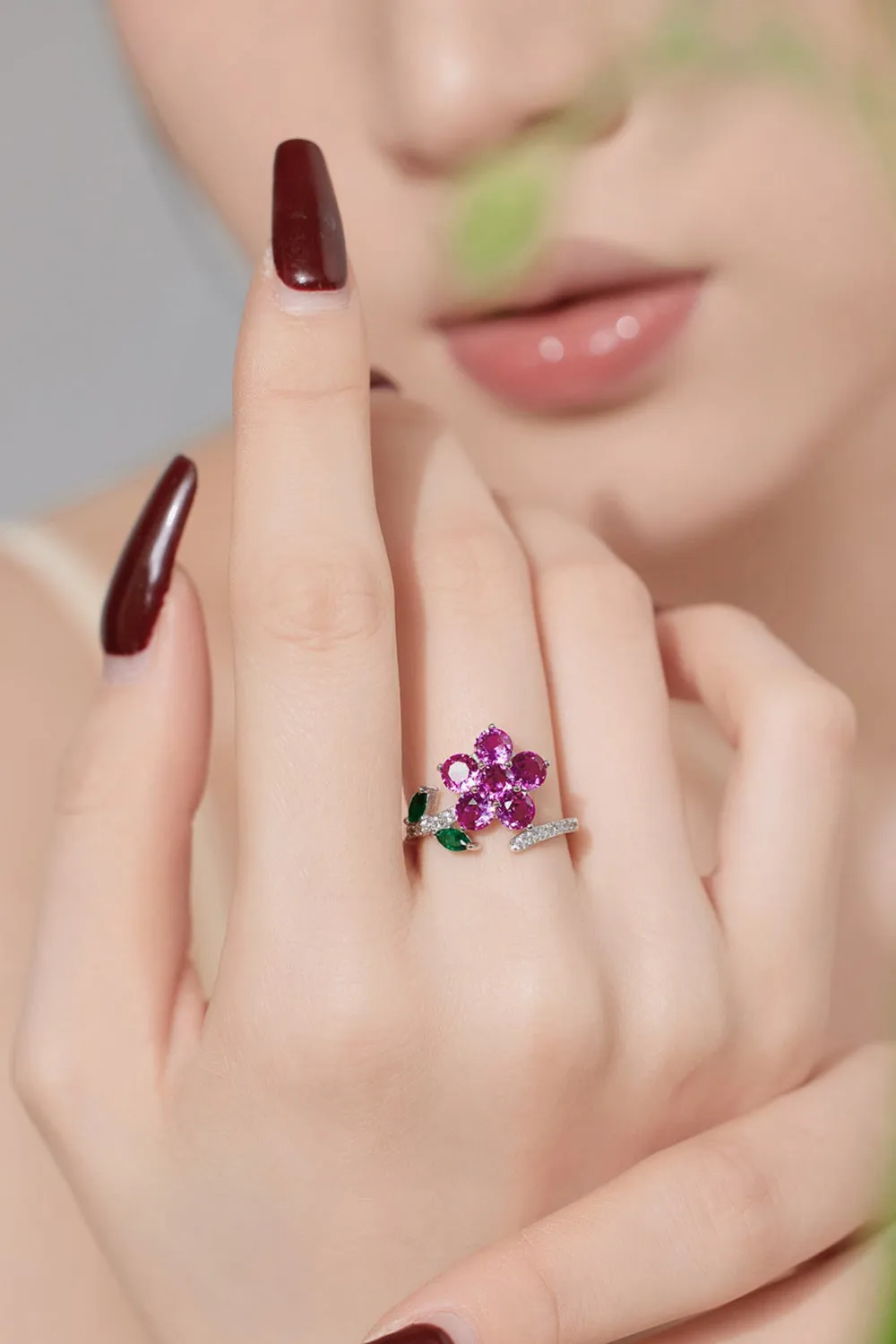 Red Flower Green Leaves Silver Wrap Ring