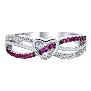 Romantic CZ Accent Cocktail Statement Ring with Pink Heart and Sterling Silver Bands