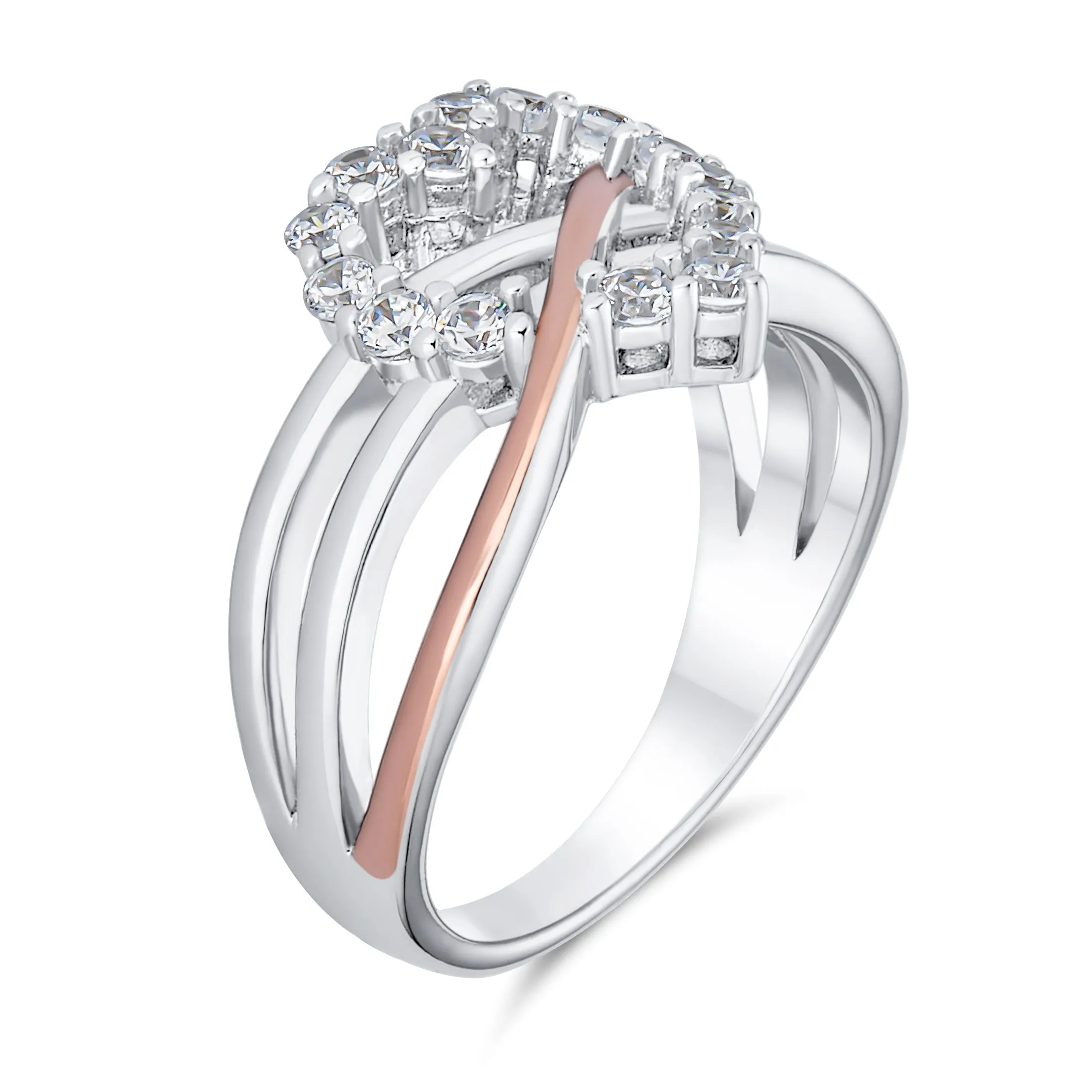 Romantic Two Tone Cocktail Statement Ring with CZ Accent & Infinity Heart Design