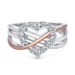 Romantic Two Tone Cocktail Statement Ring with CZ Accent & Infinity Heart Design