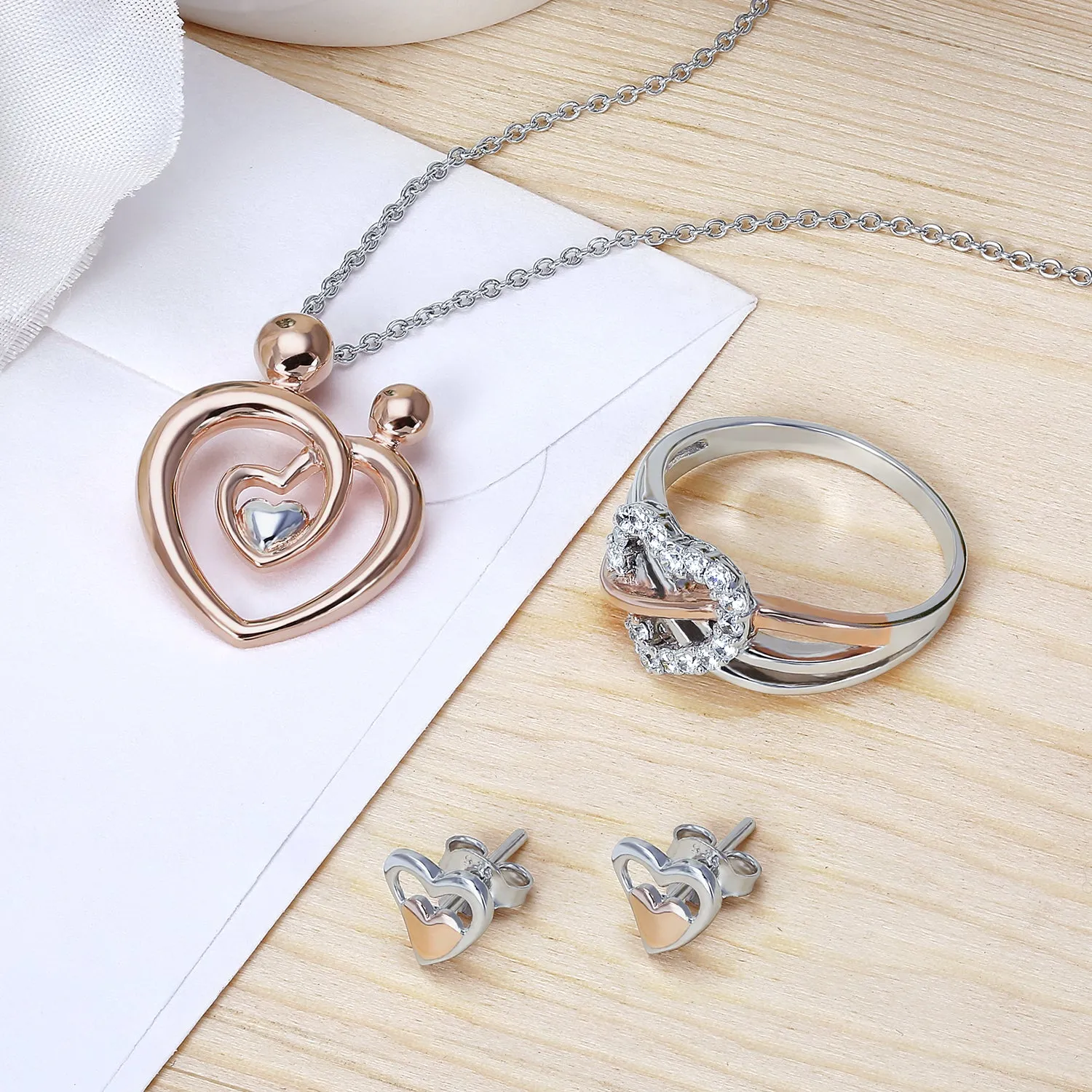 Romantic Two Tone Cocktail Statement Ring with CZ Accent & Infinity Heart Design