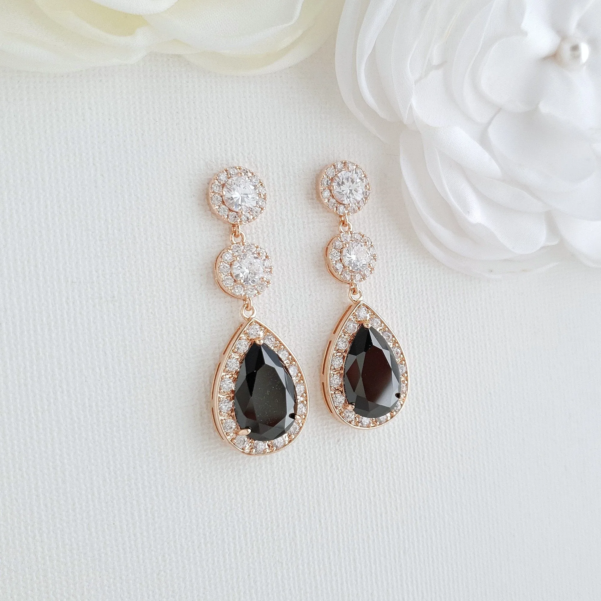 Rose Gold Long Black Earrings-Zoe