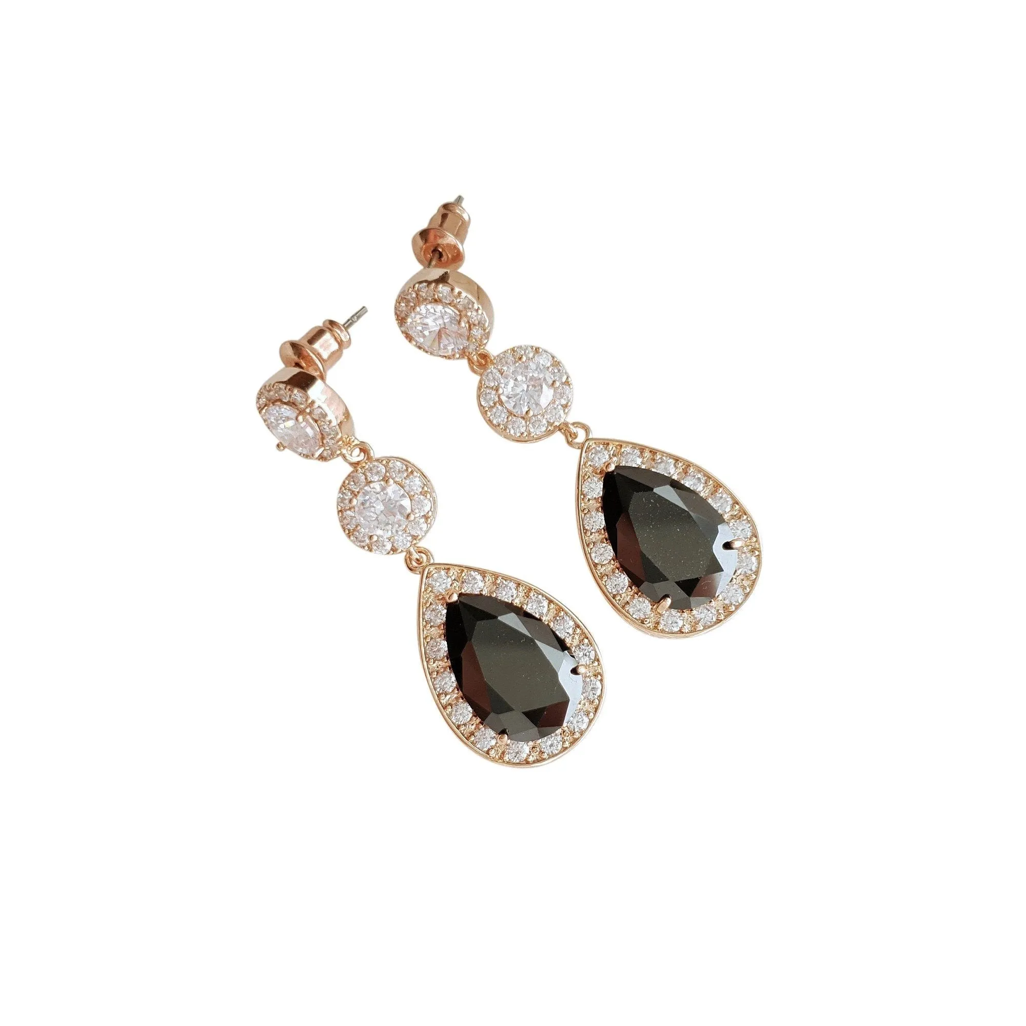 Rose Gold Long Black Earrings-Zoe