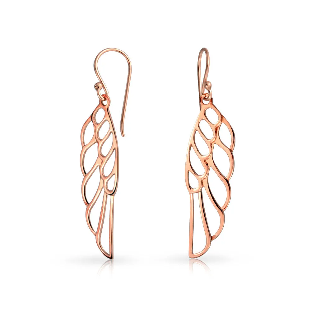 Rose Gold Plated Angel Wing Feather Dangle Earrings in  Sterling Silver