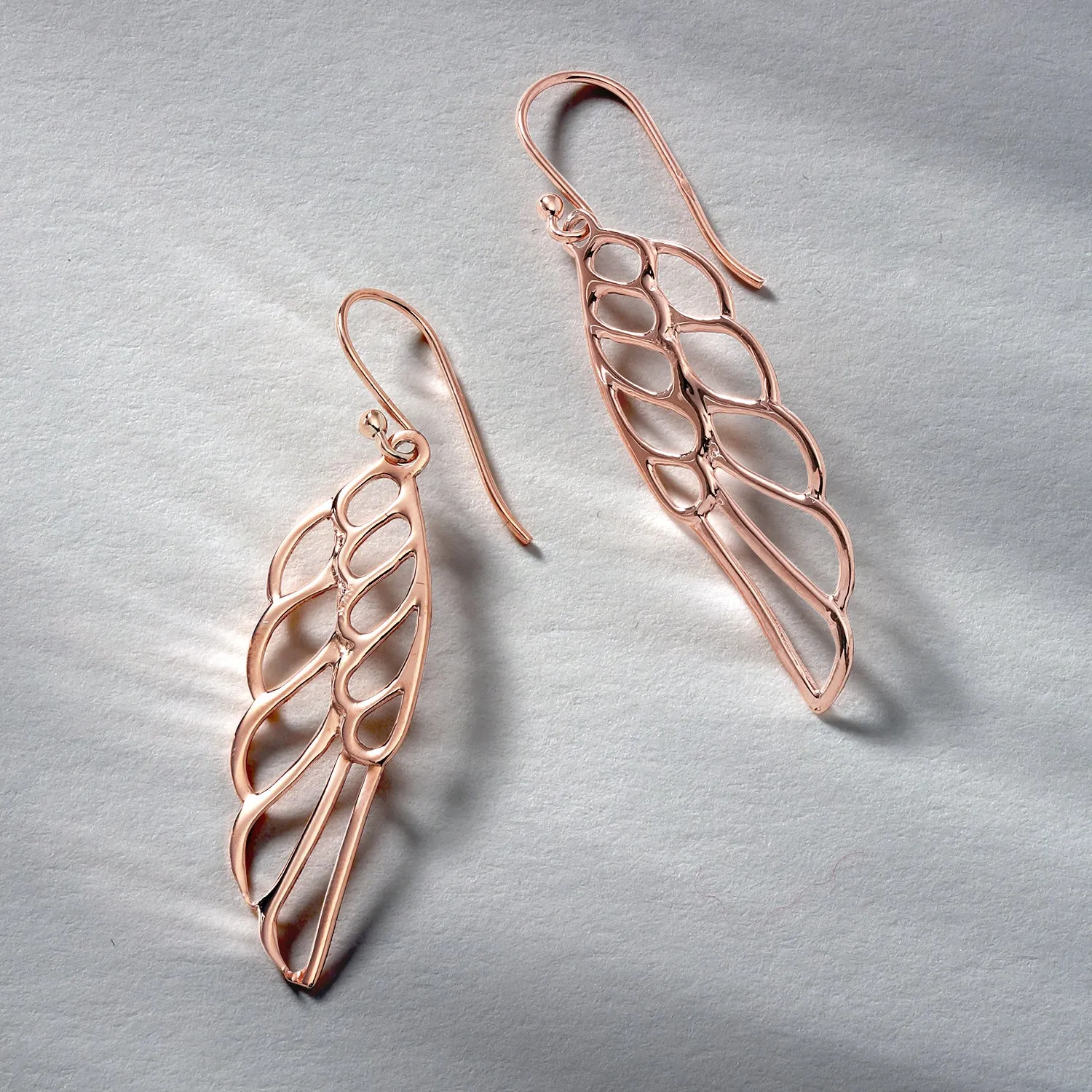 Rose Gold Plated Angel Wing Feather Dangle Earrings in  Sterling Silver