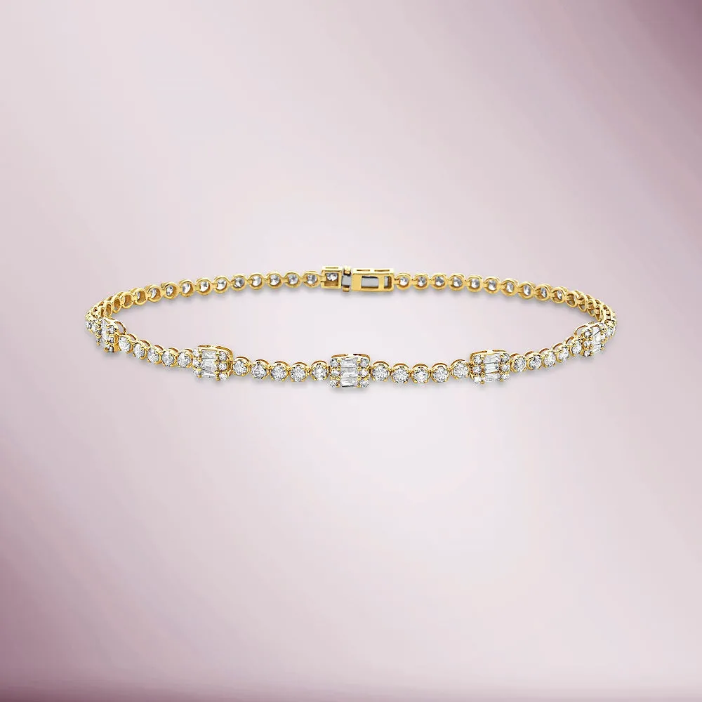 Round & Baguette Diamonds Rectangular Shape Tennis Bracelet (2.15 ct.) Buttercup Setting in 14K Gold