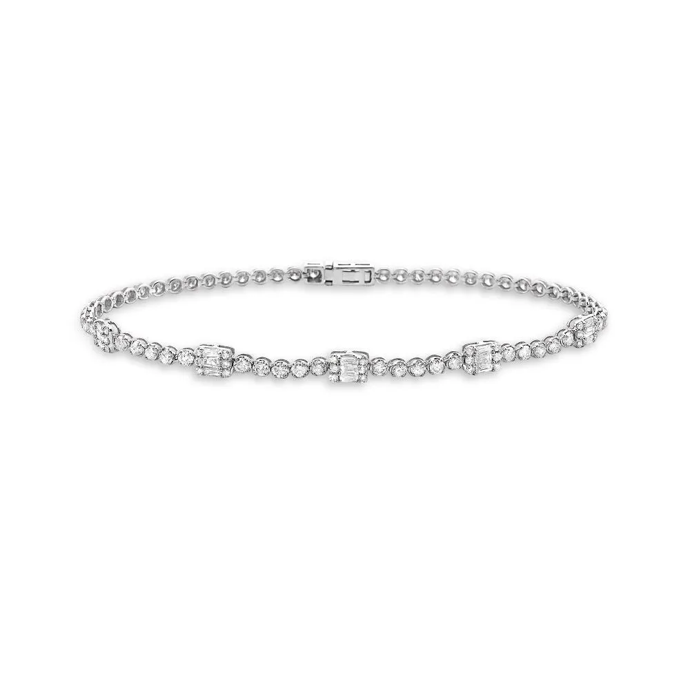 Round & Baguette Diamonds Rectangular Shape Tennis Bracelet (2.15 ct.) Buttercup Setting in 14K Gold