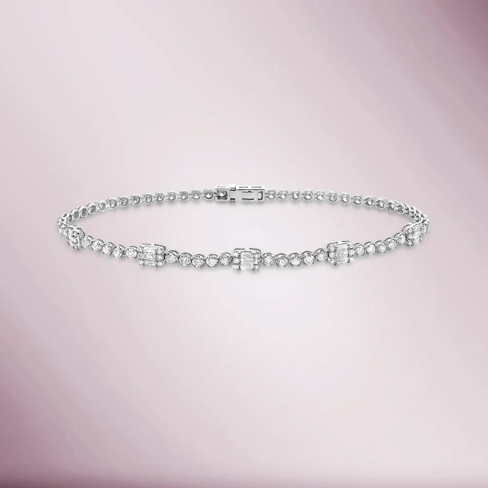 Round & Baguette Diamonds Rectangular Shape Tennis Bracelet (2.15 ct.) Buttercup Setting in 14K Gold