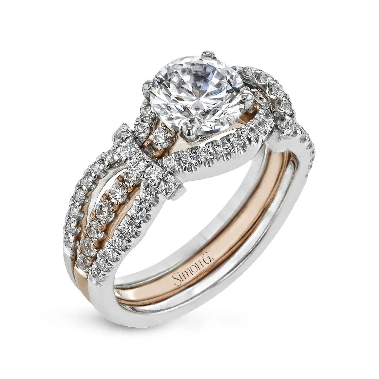 Round-cut Split-Shank Engagement Ring & Matching Wedding Band in 18k Gold with Diamonds