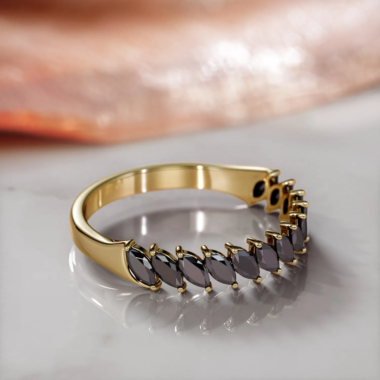 Selvina - Oriented Natural Black Diamond Wedding Band in Yellow Gold