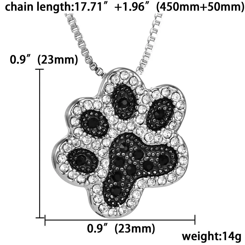 Silver plated Black and White crystal rhinestone Dog Paw Pendant Necklace