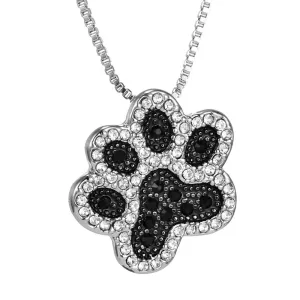 Silver plated Black and White crystal rhinestone Dog Paw Pendant Necklace