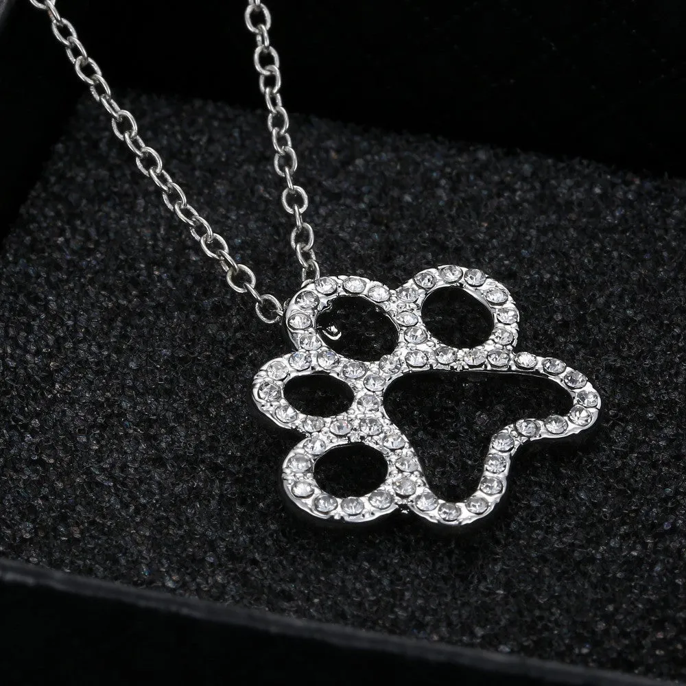 Silver plated Black and White crystal rhinestone Dog Paw Pendant Necklace