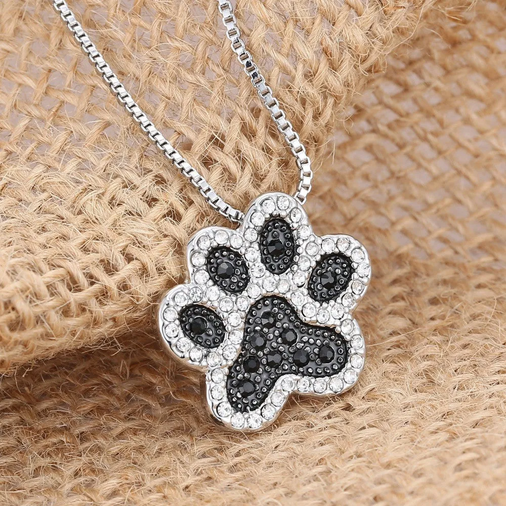 Silver plated Black and White crystal rhinestone Dog Paw Pendant Necklace