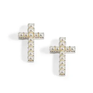 Small Cross w/ Pearls Stud Earrings - Silver