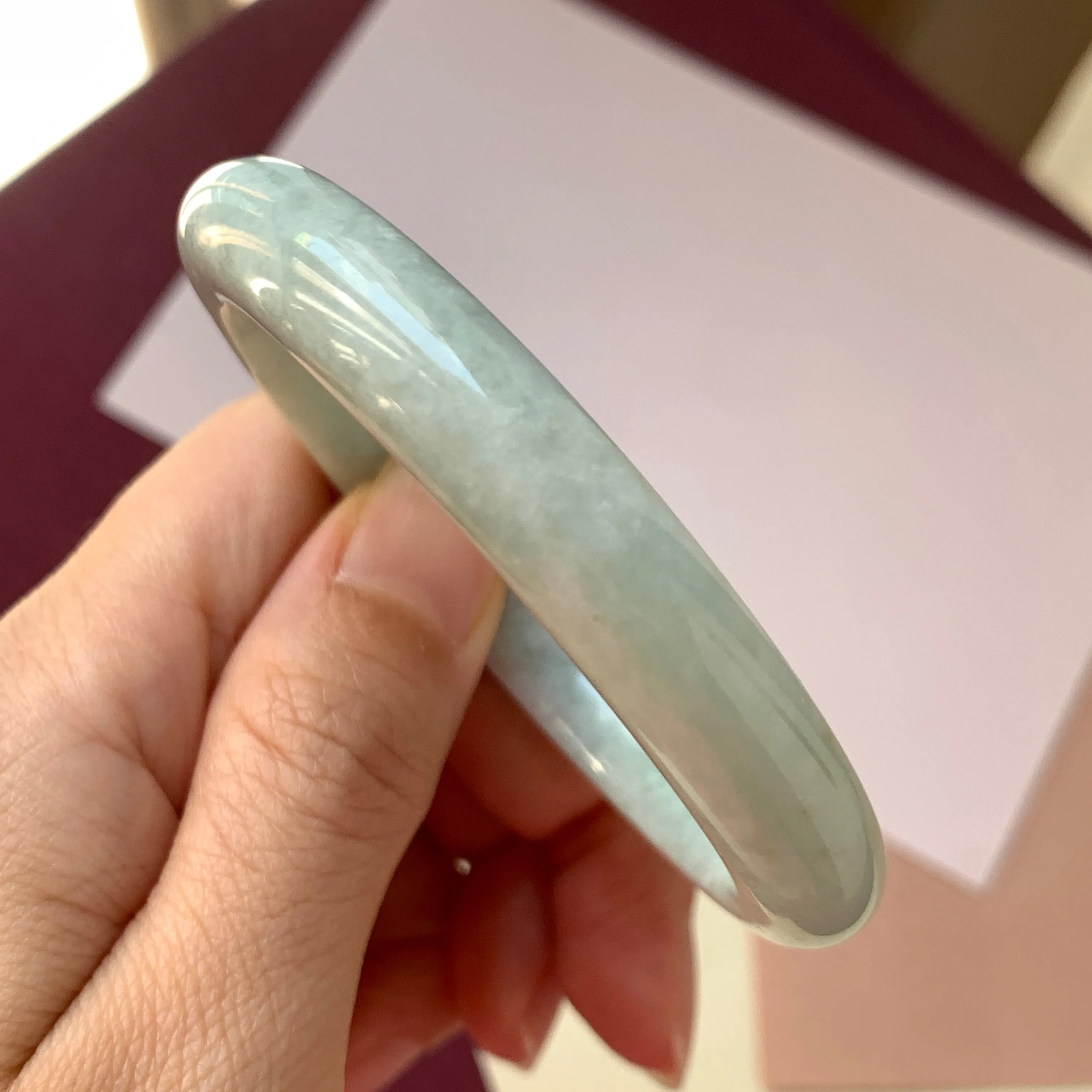 SOLD OUT: 53.8mm A-Grade Natural Light Green Jadeite Modern Round Bangle No.330080