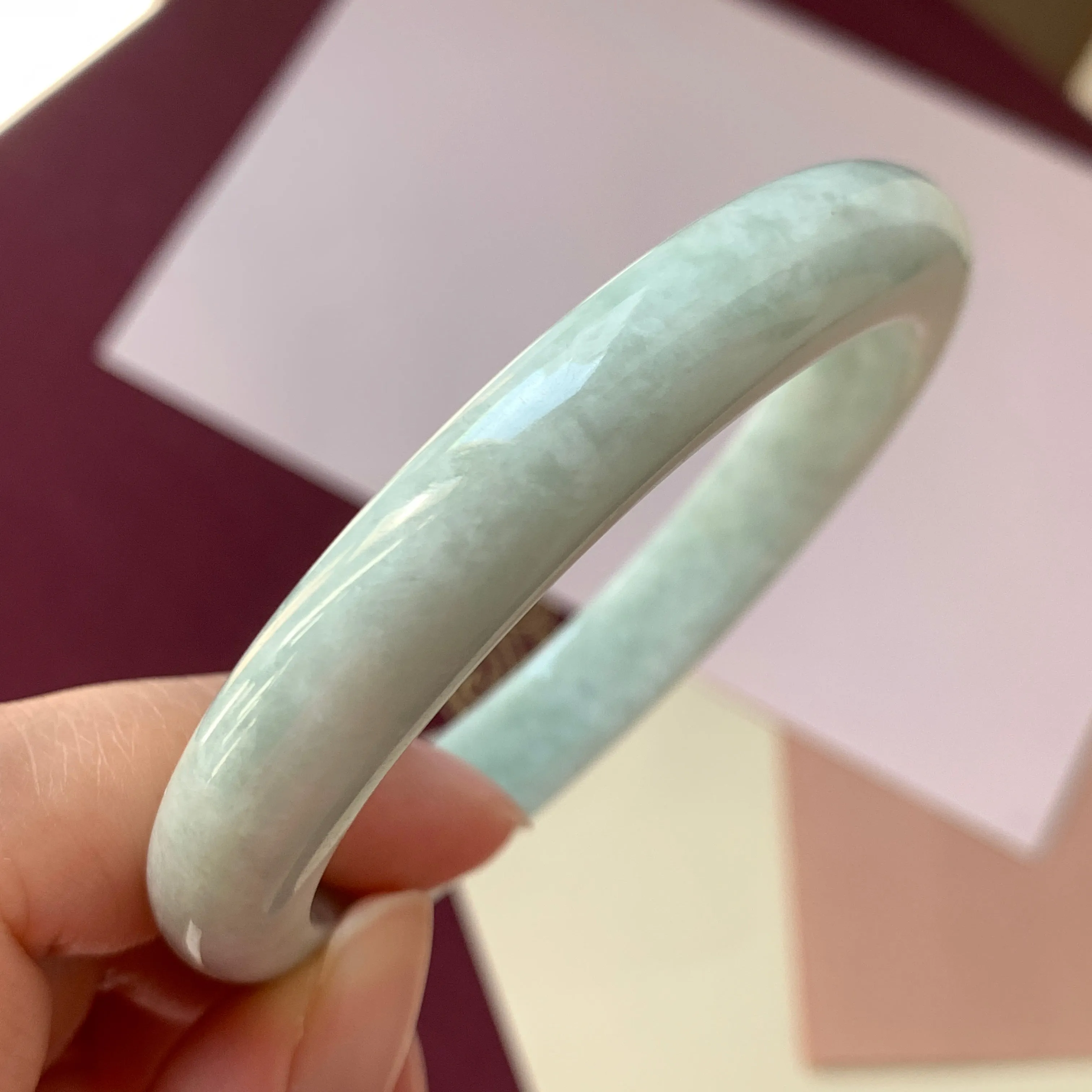 SOLD OUT: 53.8mm A-Grade Natural Light Green Jadeite Modern Round Bangle No.330080