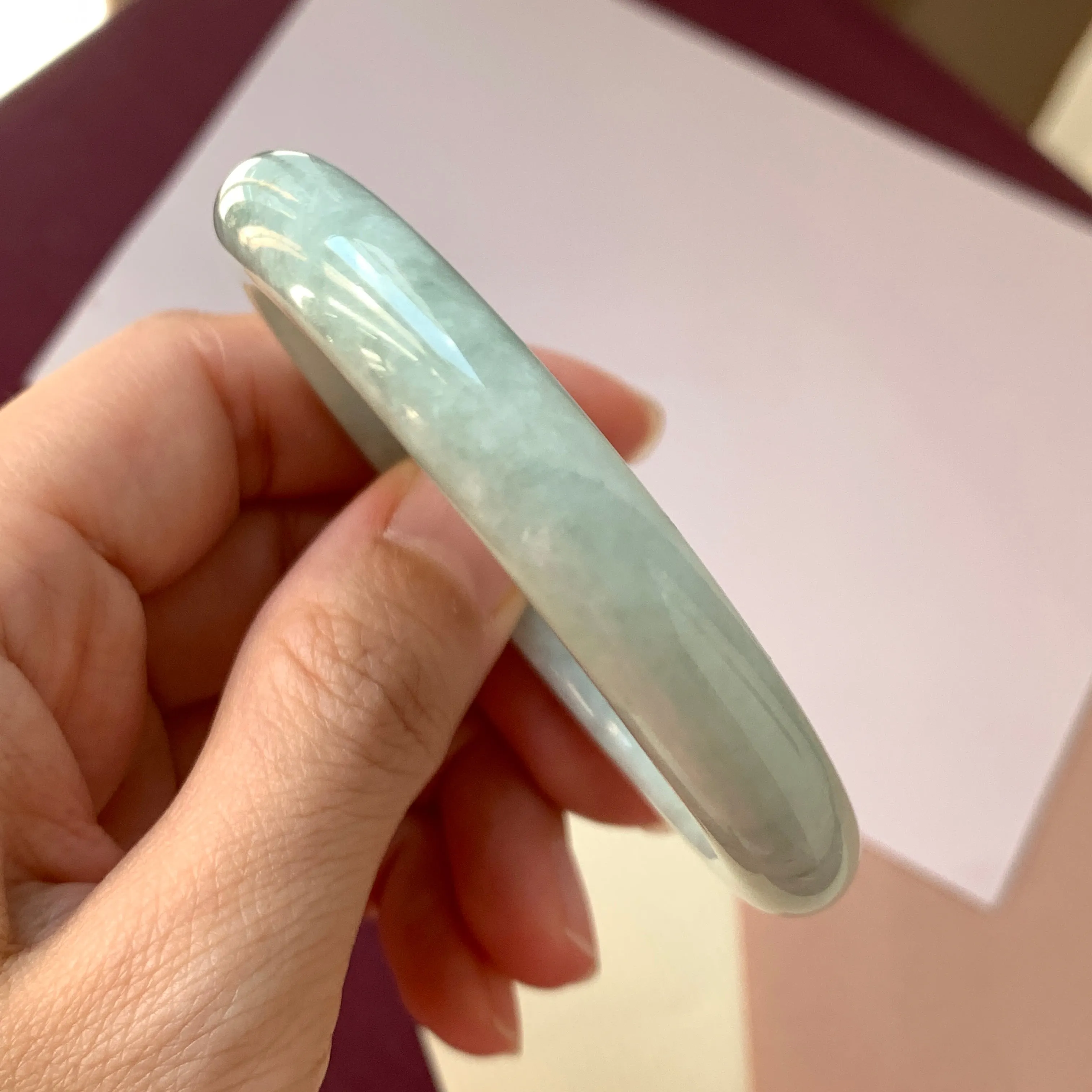 SOLD OUT: 53.8mm A-Grade Natural Light Green Jadeite Modern Round Bangle No.330080