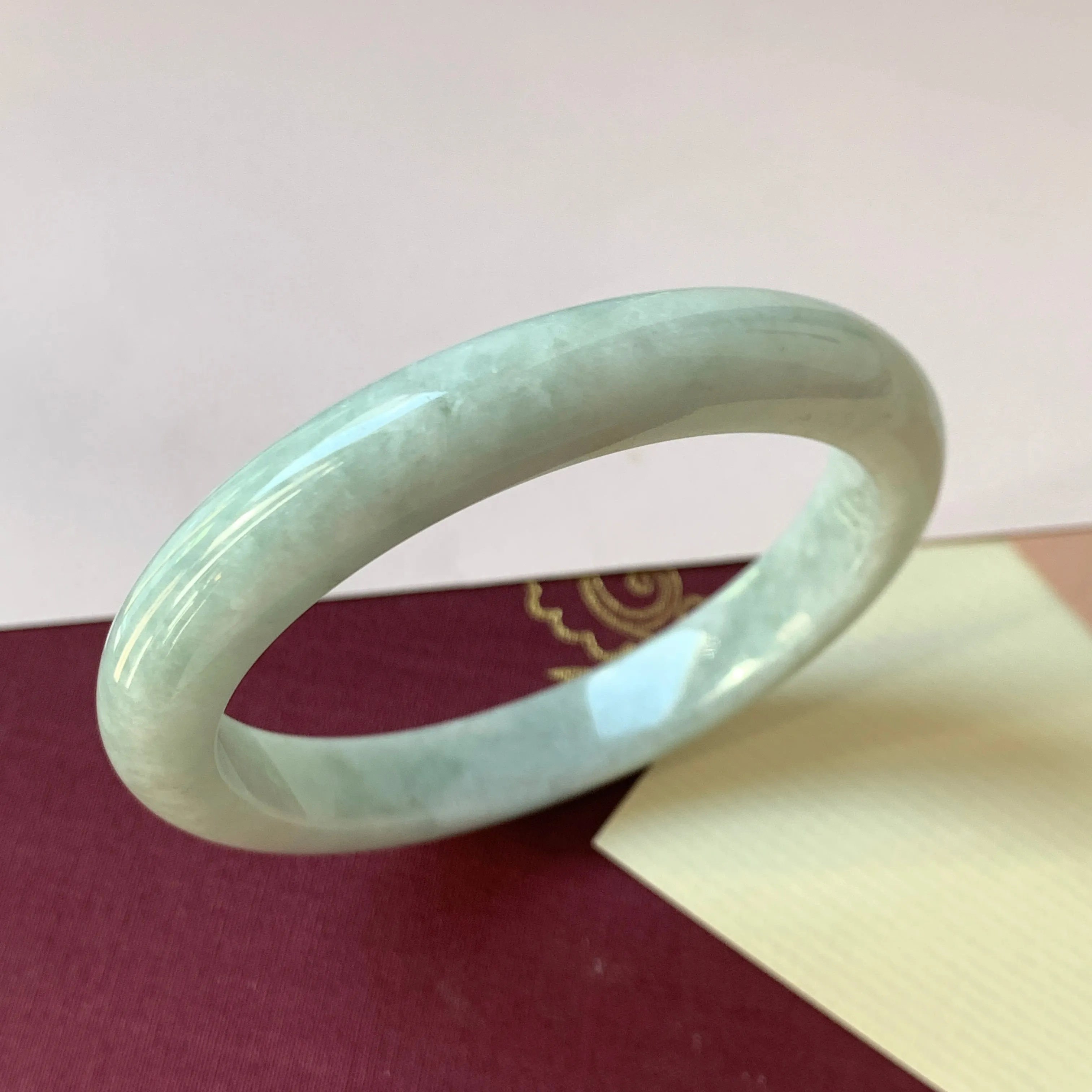 SOLD OUT: 53.8mm A-Grade Natural Light Green Jadeite Modern Round Bangle No.330080