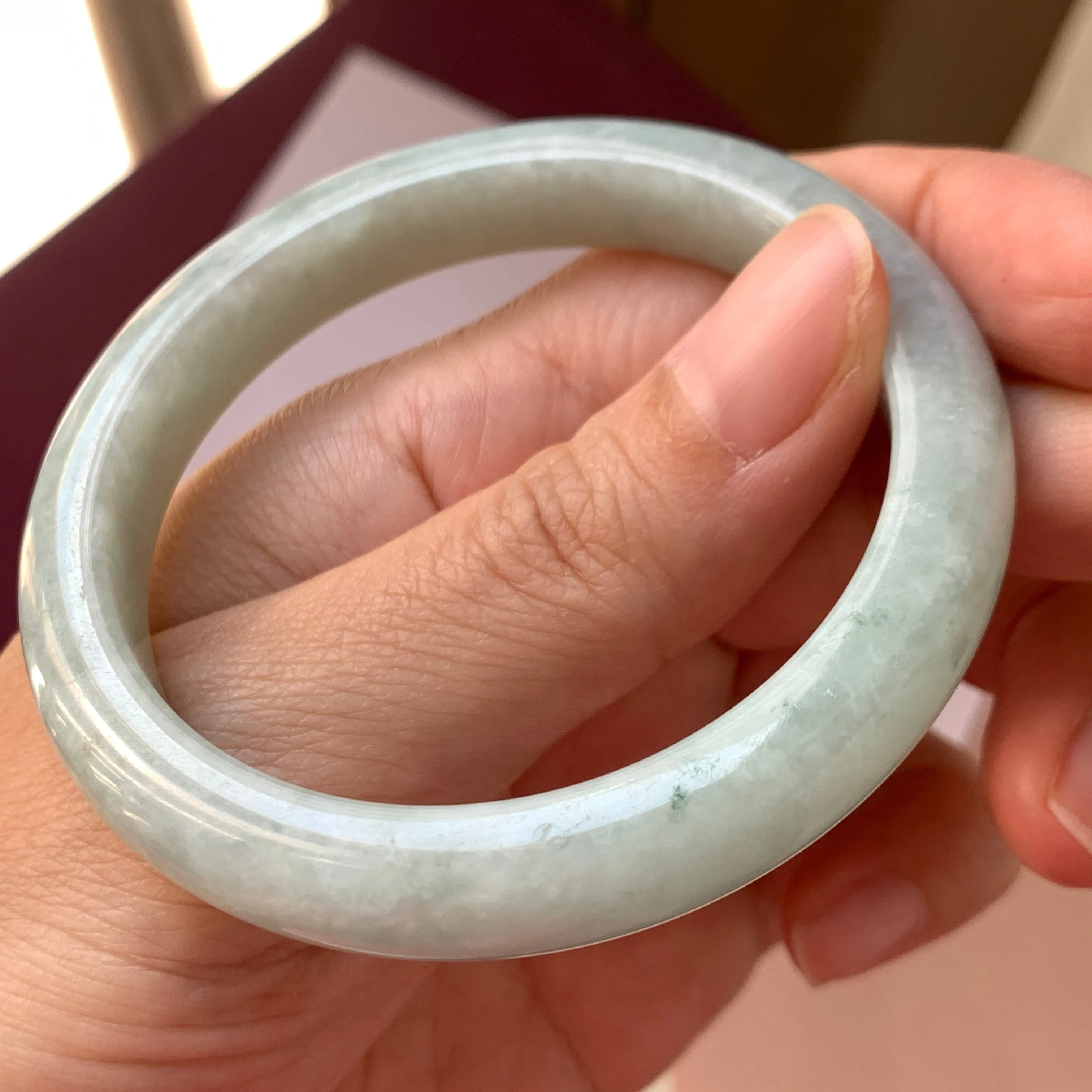 SOLD OUT: 53.8mm A-Grade Natural Light Green Jadeite Modern Round Bangle No.330080