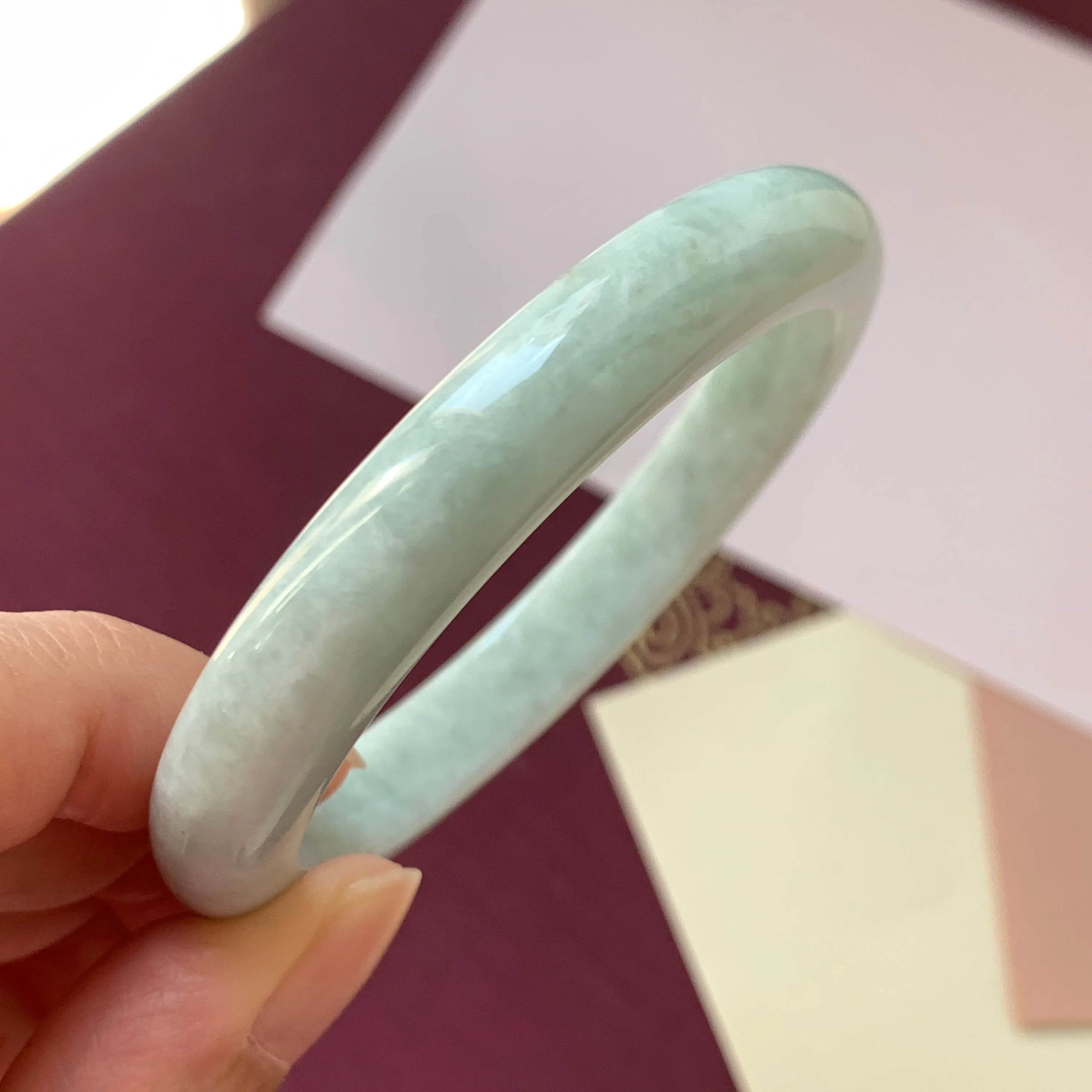 SOLD OUT: 53.8mm A-Grade Natural Light Green Jadeite Modern Round Bangle No.330080