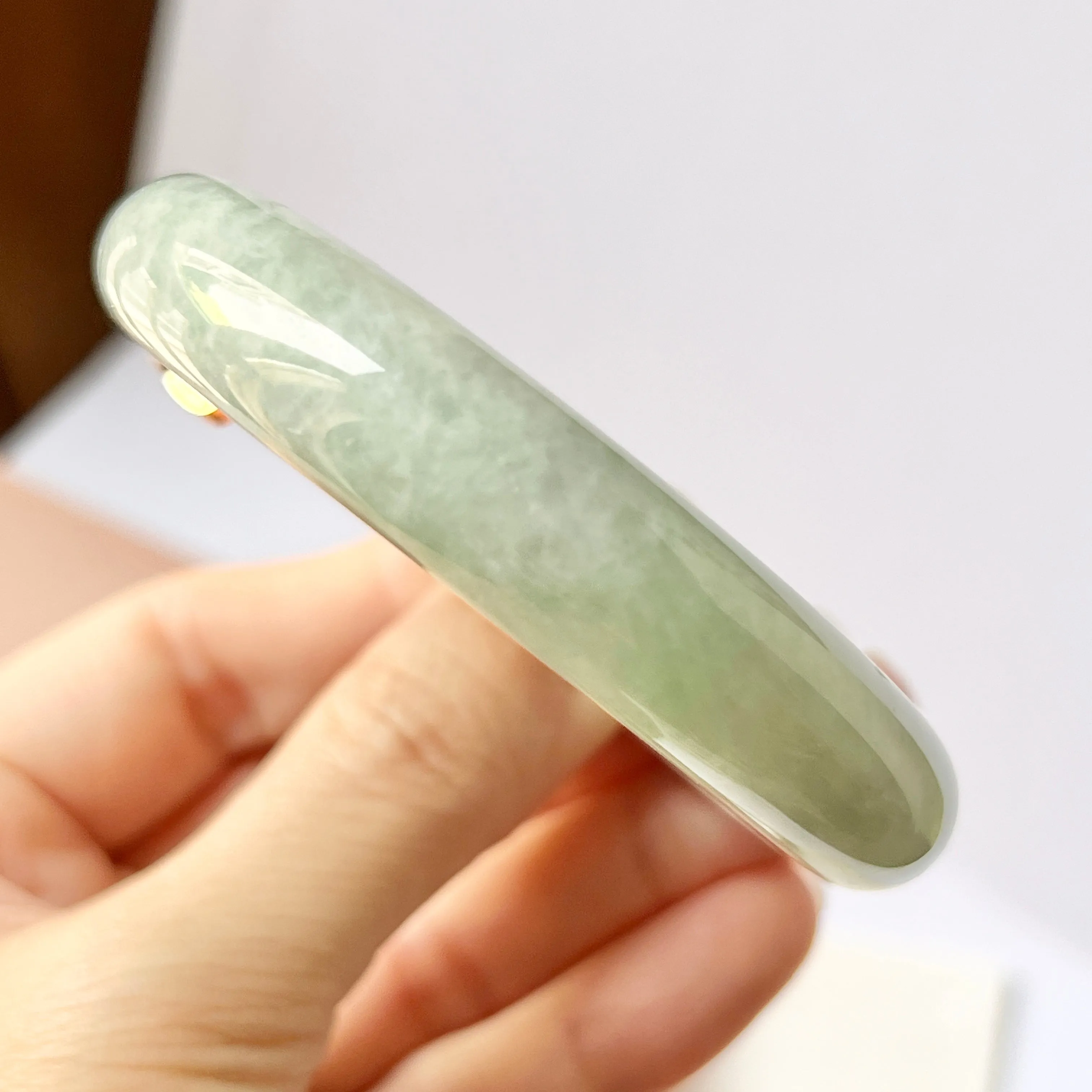 SOLD OUT: 55.1mm A-Grade Natural Light Green Jadeite Modern Round Bangle with V.Petals Embellishment No.151974