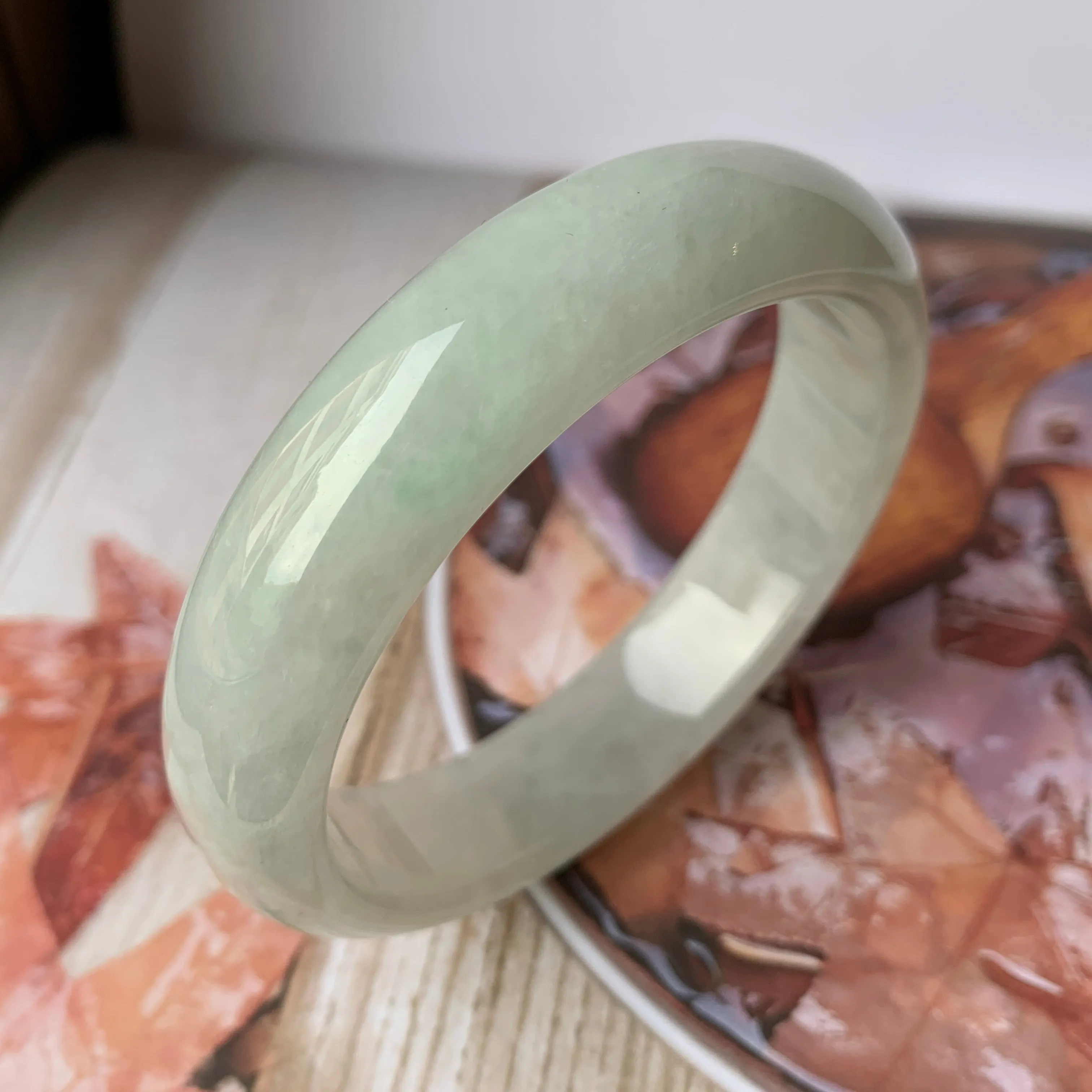 SOLD OUT: 56.7mm A-Grade Natural Light Green Jadeite Modern Round Bangle No.151895