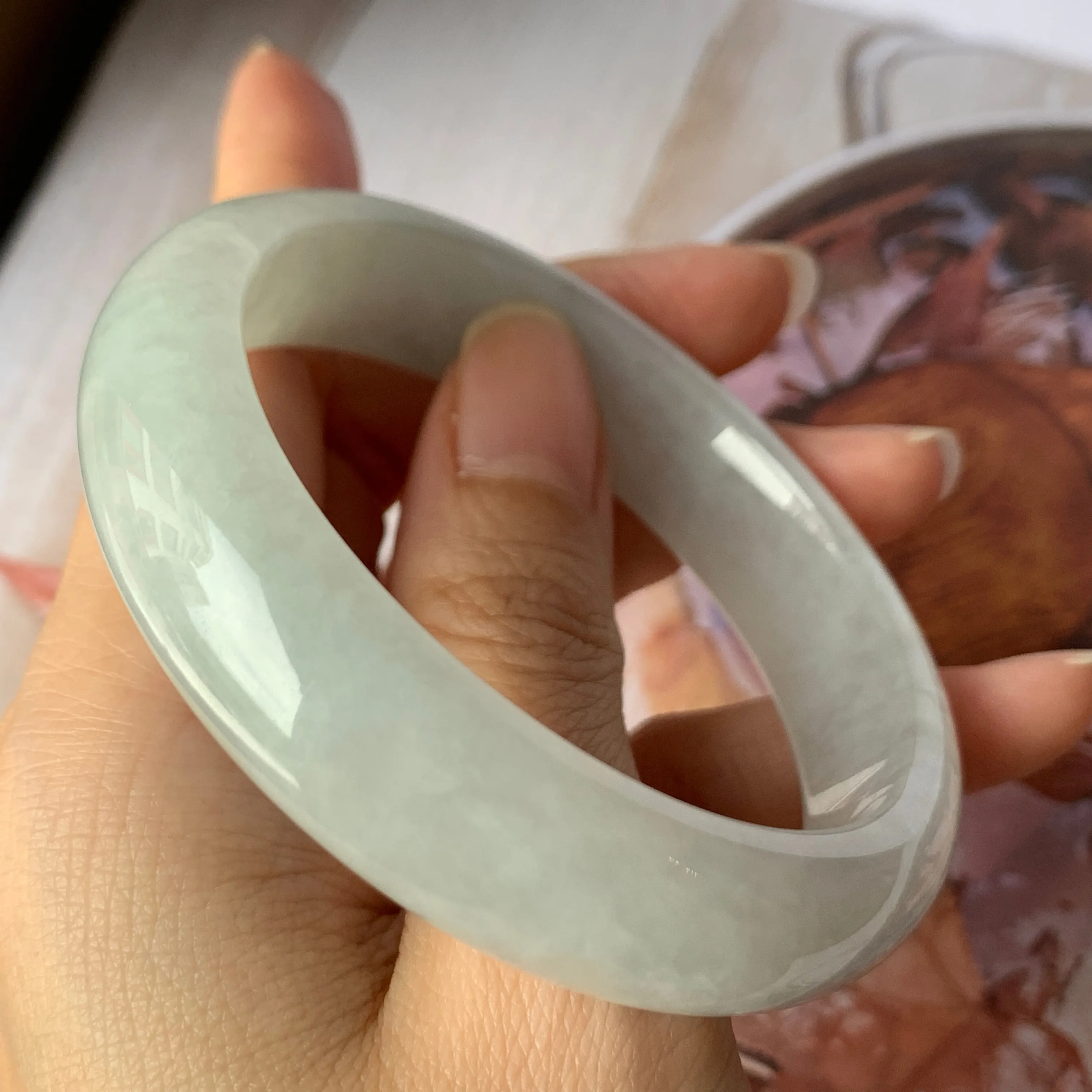 SOLD OUT: 56.7mm A-Grade Natural Light Green Jadeite Modern Round Bangle No.151895