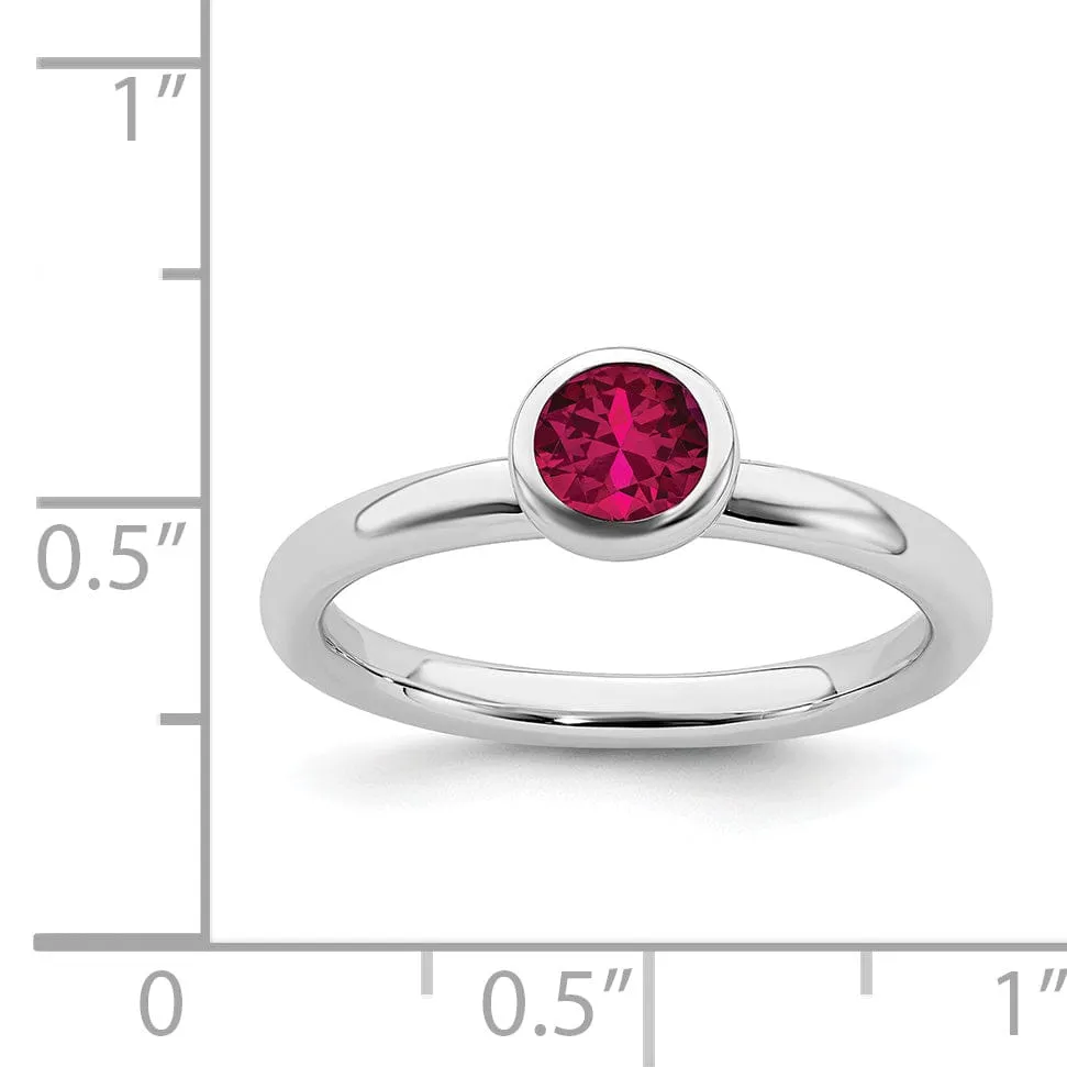 Sterling Silver Low 5MM Round Created Ruby Ring