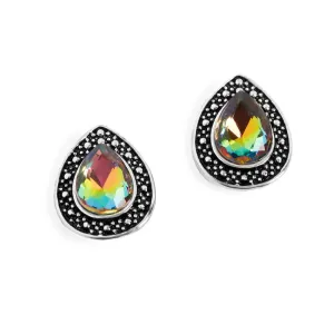 Teardrop w/ AB Stone Stud Earrings - Silver