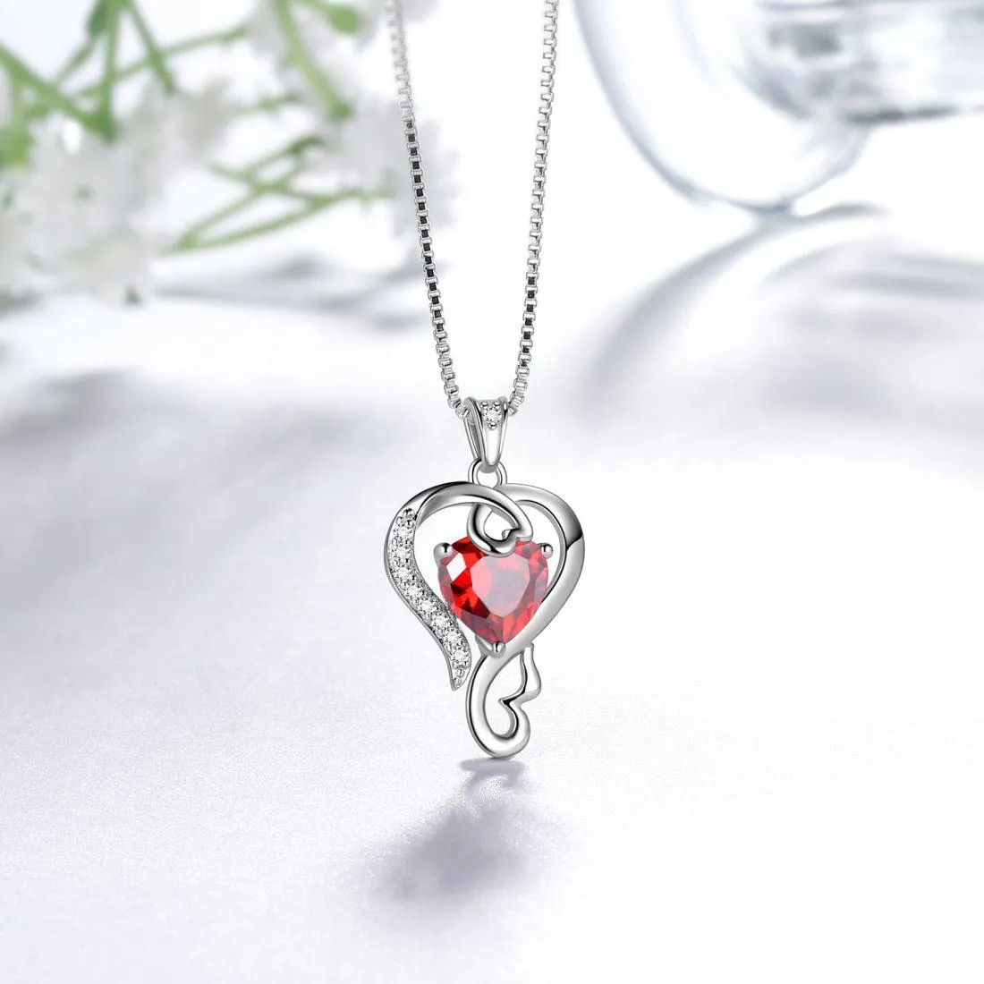 Tokyo Mart Love Heart Birthstone January Garnet Necklace Pendant Women Girls Jewelry Birthday Gift