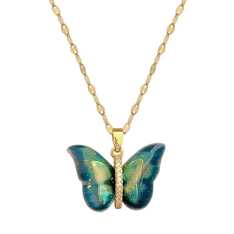 Trendy Titanium Steel Lock Collar Necklace with Colorful Butterfly Pendant