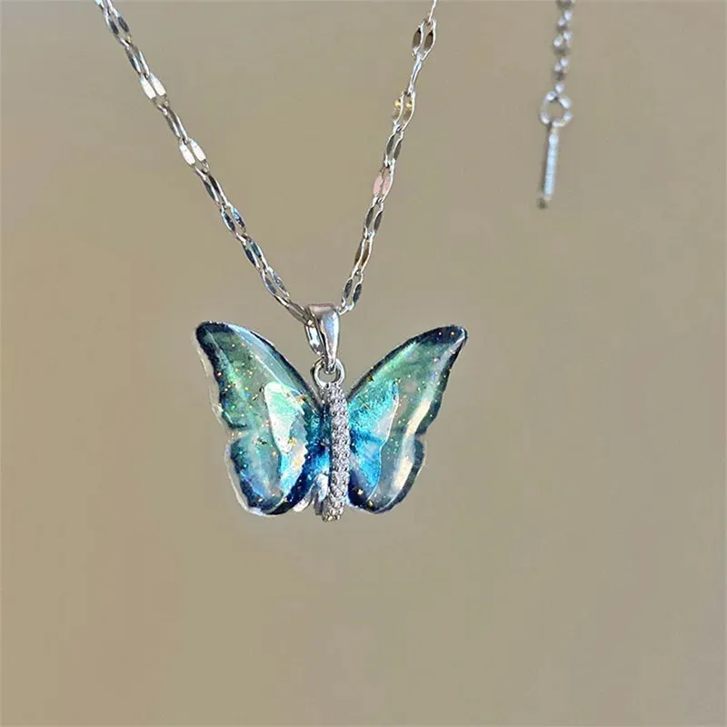 Trendy Titanium Steel Lock Collar Necklace with Colorful Butterfly Pendant