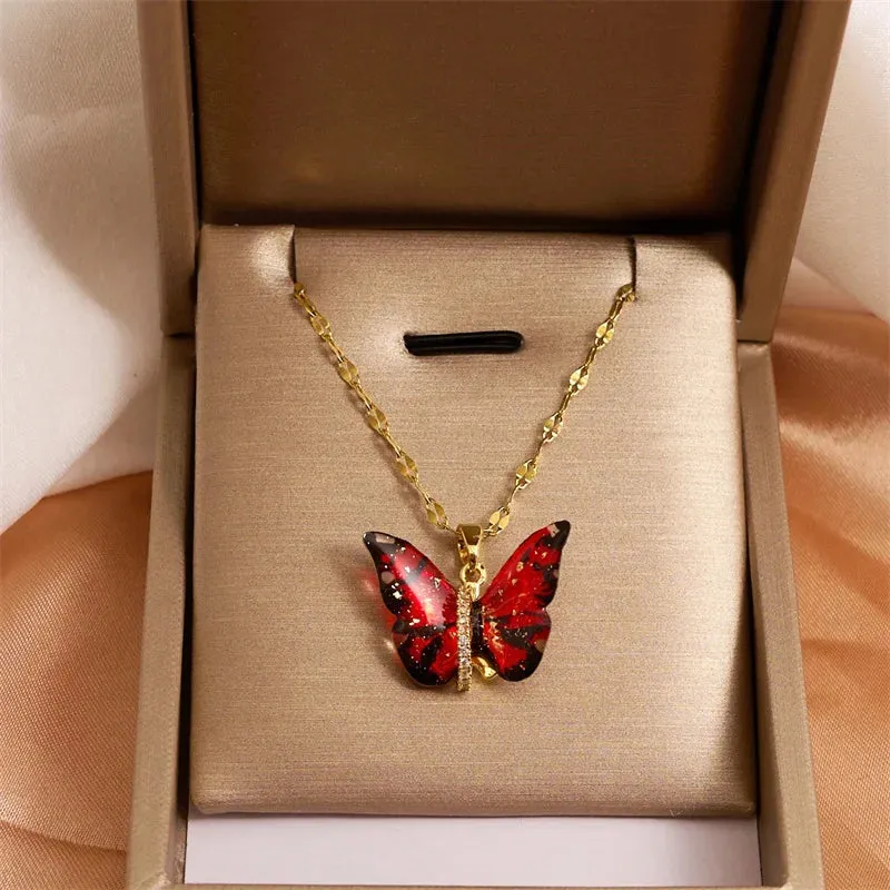 Trendy Titanium Steel Lock Collar Necklace with Colorful Butterfly Pendant