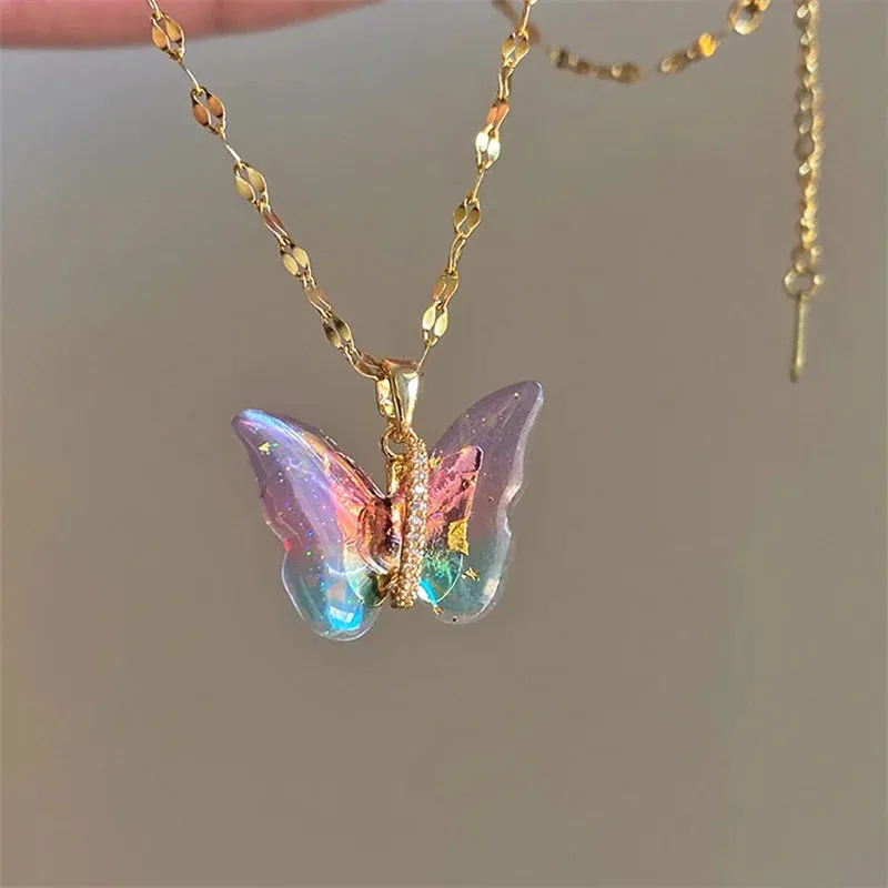 Trendy Titanium Steel Lock Collar Necklace with Colorful Butterfly Pendant