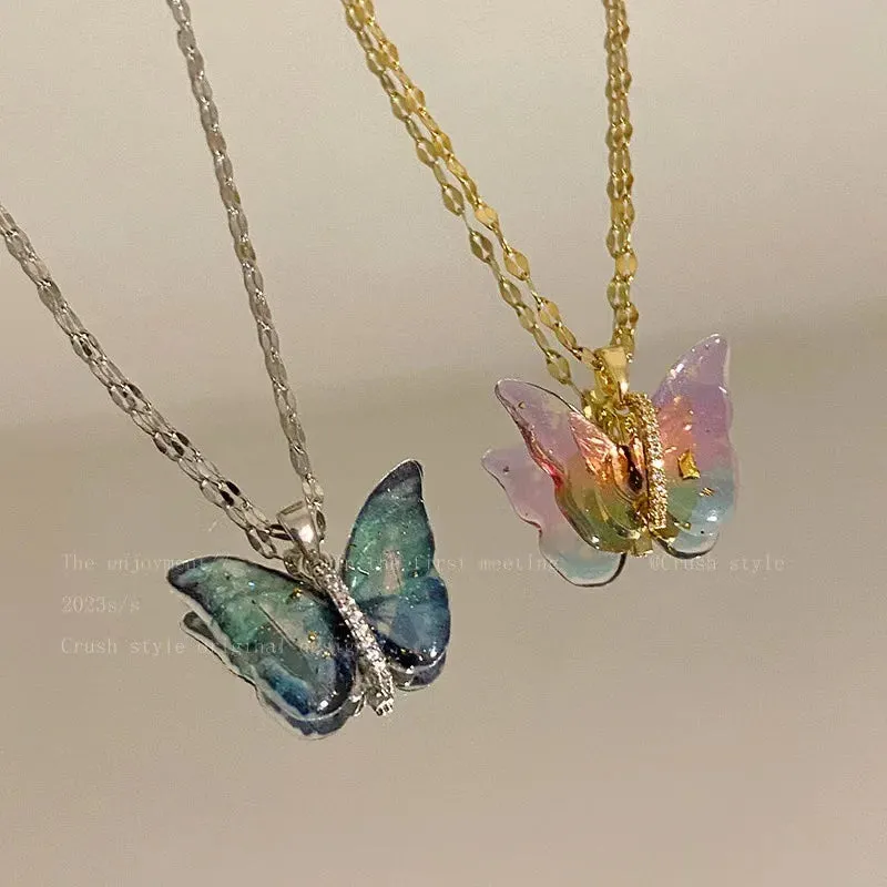 Trendy Titanium Steel Lock Collar Necklace with Colorful Butterfly Pendant