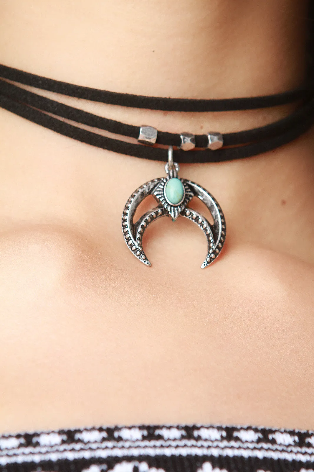 Triple Vegan Suede Cord Bohemian Crescent Moon Choker