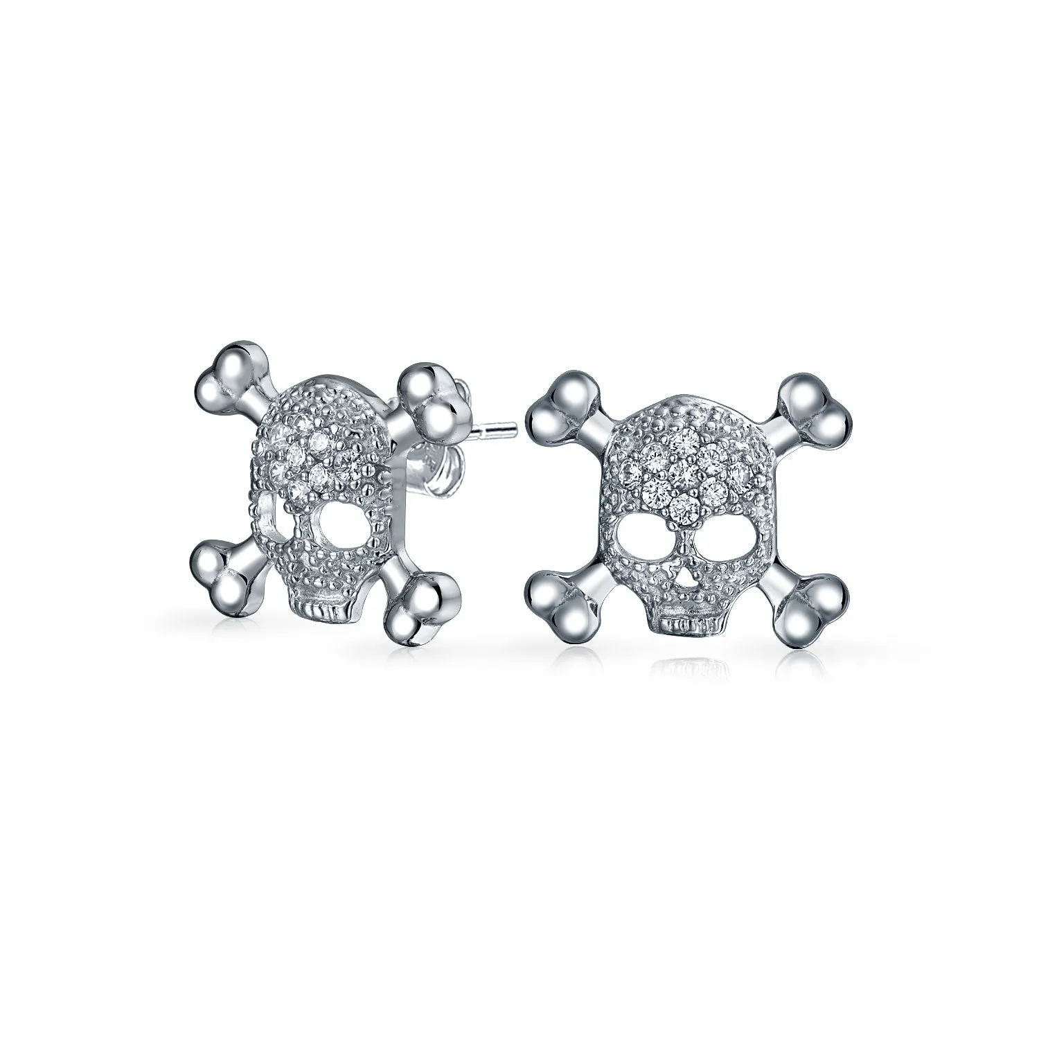 Unisex Dia De Los Muertos White CZ Skull Crossbones Stud Earrings Sterling Silver