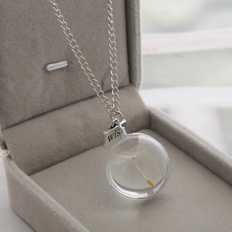 Wish Real Natural Dandelion Seed Pendant Necklace Crystal Glass Round Pendant Minimalism color Chain Choker Necklace For Women