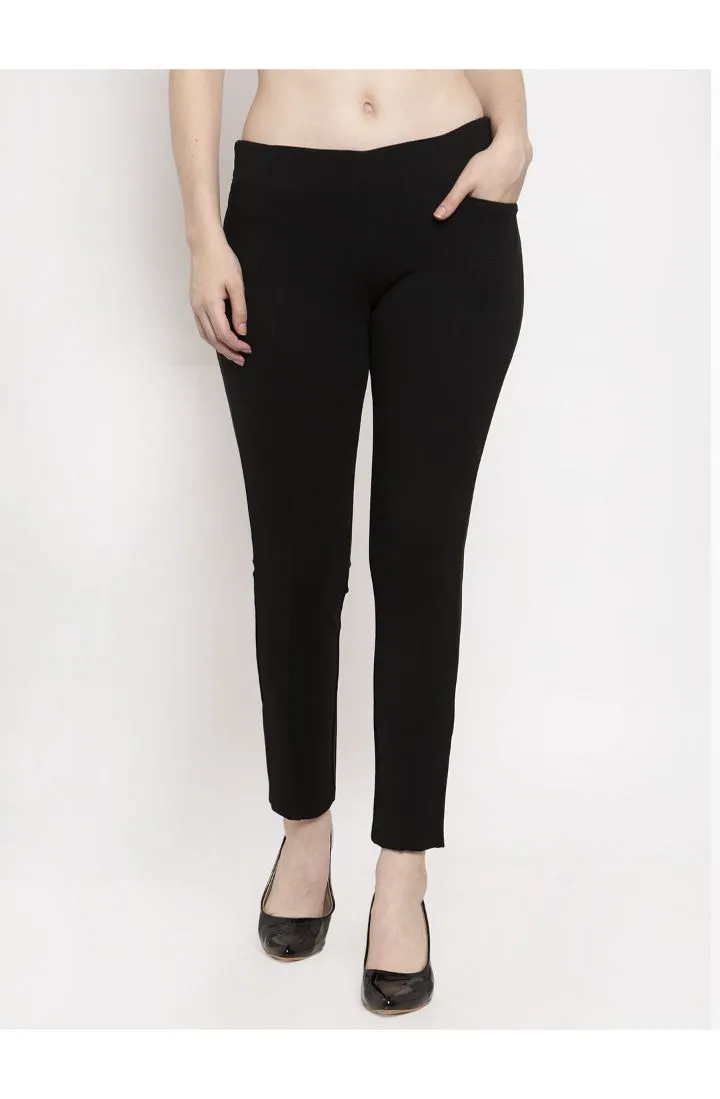 Women Black Solid Regular Treggings